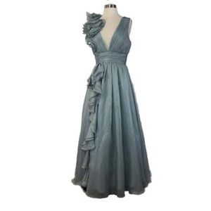 Mac Duggal Ruffle Shoulder Open Back V-Neck Chiffon Gown